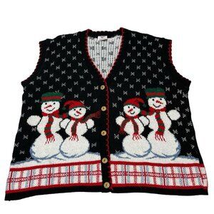 Vtg Nutcracker Sweater Vest Womens 2X Black Snowman Christmas Holiday Winter